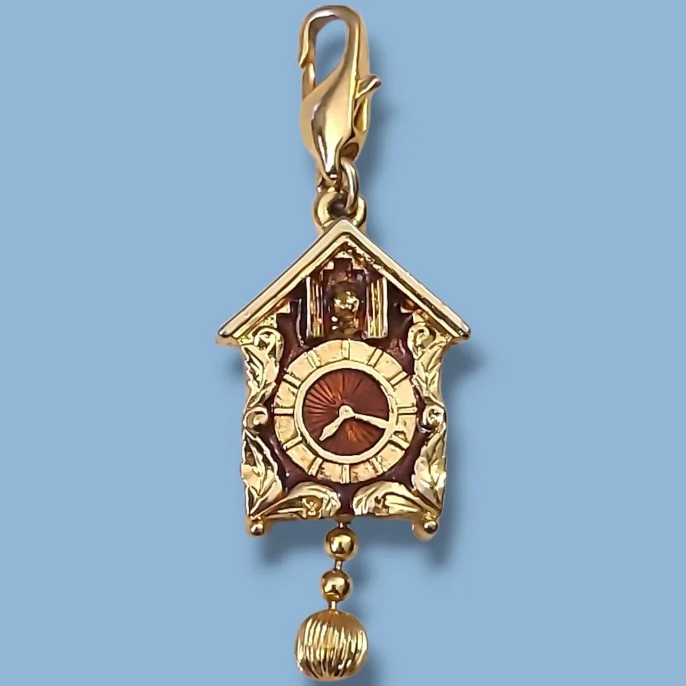 Vintage Clip-on Cuckoo Clock Charm Gold Tone Brown Enamel